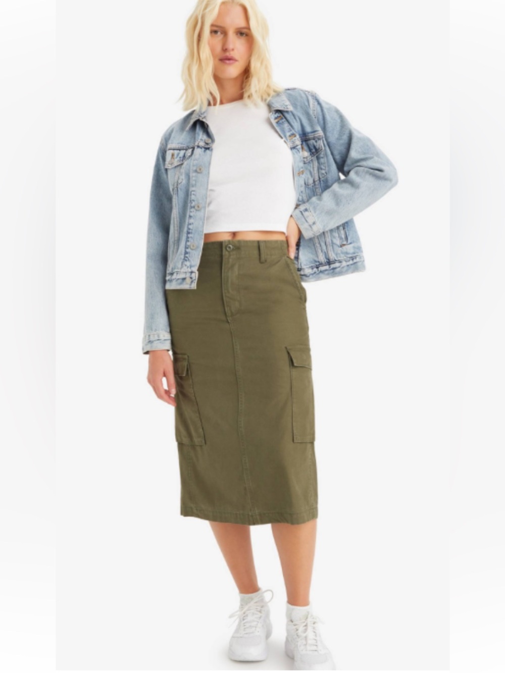 Levi's Army Green Military Cargo Midi Skirt 30 Utility Streetwear Indie Sleeze